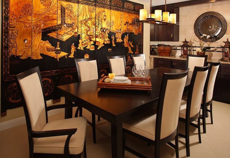 Design Your Asian Dining Room With Wooden Dining Set Accented by Buffet Table